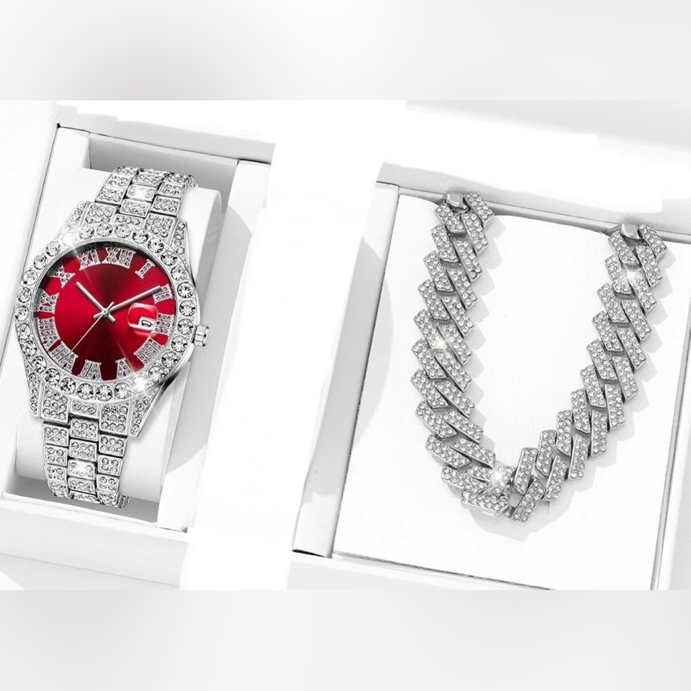 Elegant Silver and Red Women's Watch and Necklace Set